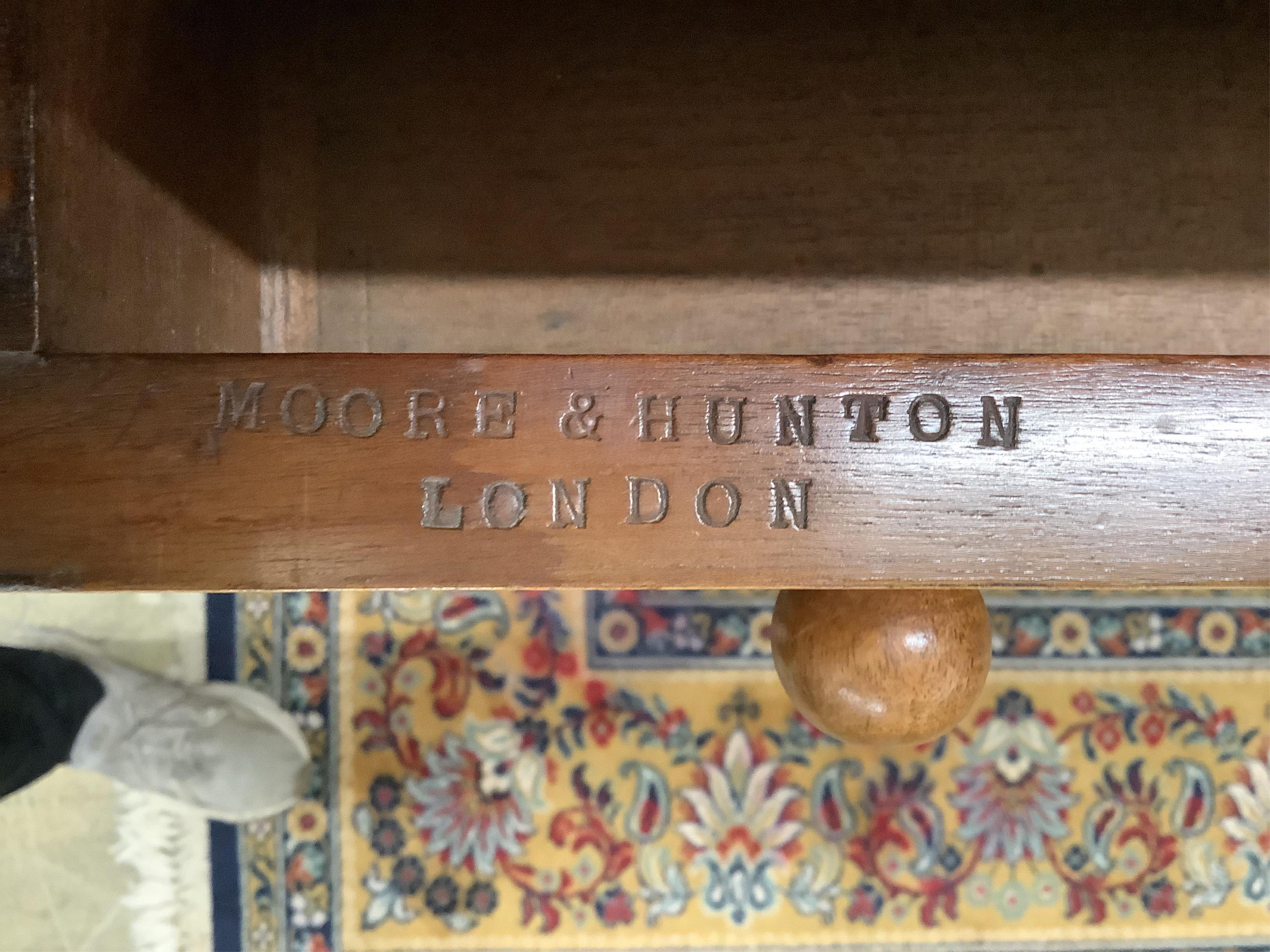 A Victorian satin birch chest of drawers, stamped Moore and Hunton, London, width 104cm, depth 51cm, height 105cm. Condition - poor to fair